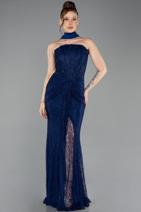 Robe de Soirée Longue Dantelle Bleu Marine ABU5686