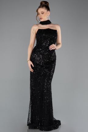 Robe de Soirée Longue Perlé Noir ABU5683