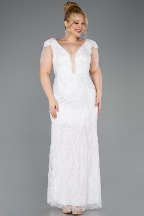Robe De Soirée Grande Taille Perlé Longue Blanc ABU5336