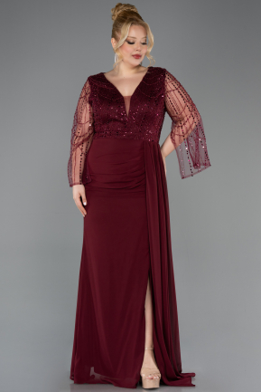 Robe de Soirée Grande Taille Longue Mousseline Rouge Bordeaux ABU5624