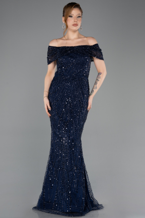 Robe de Soirée Longue Perlé Bleu Marine ABU5694