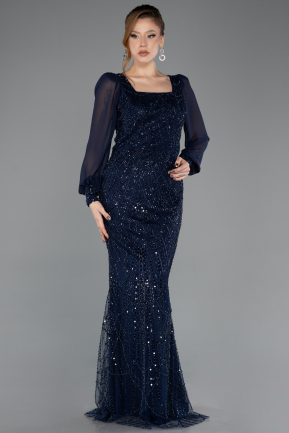 Robe de Soirée Longue Perlé Bleu Marine ABU5695