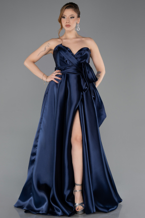 Robe De Soirée Satin Longue Bleu Marine ABU4774