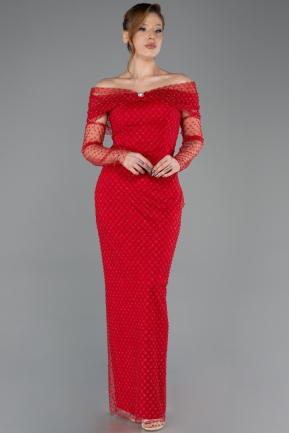 Robe De Soirée Perlé Longue Rouge ABU5550