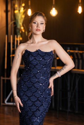 Robe de Soirée Longue Squameuse Bleu Marine ABU5701