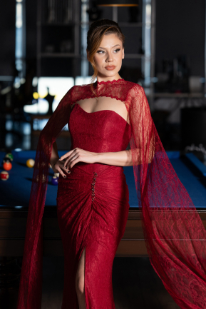 Robe De Soirée Dantelle Longue Rouge Bordeaux ABU5614