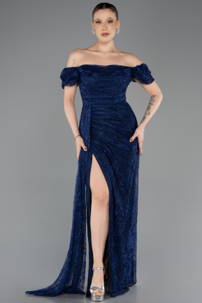 Robe de Soirée Longue Dantelle Bleu Marine ABU5728
