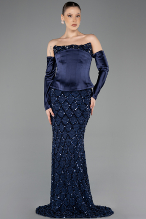 Robe de Soirée Longue Squameuse Bleu Marine ABU5732