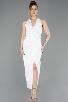 Robe De Soirée Satin Midi Blanc ABK2506