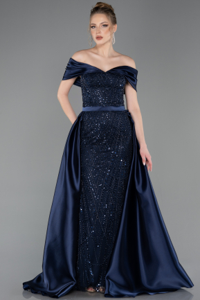 Robe De Soirée Perlé Longue Bleu Marine ABU5400