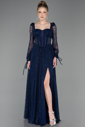 Robe de Soirée Longue Dantelle Bleu Marine ABU5797
