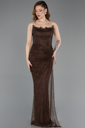 Robe de Soirée Longue Dantelle Brun ABU5823