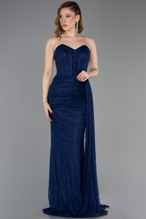 Robe de Soirée Longue Dantelle Bleu Marine ABU5795