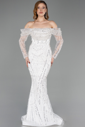 Robe de Soirée Longue Perlé Blanc ABU5825