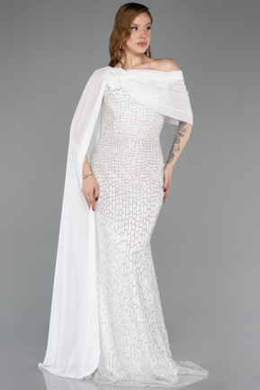 Robe de Soirée Longue Perlé Blanc ABU5816