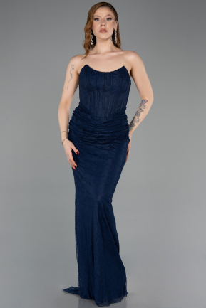 Robe de Soirée Longue Dantelle Bleu Marine ABU5817
