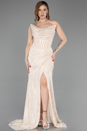 Robe de Soirée Longue Dantelle Beige ABU5771