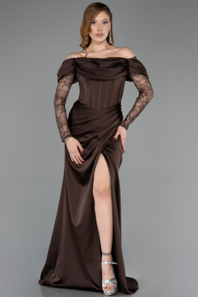Robe de Soirée Longue Satin Brun ABU5829