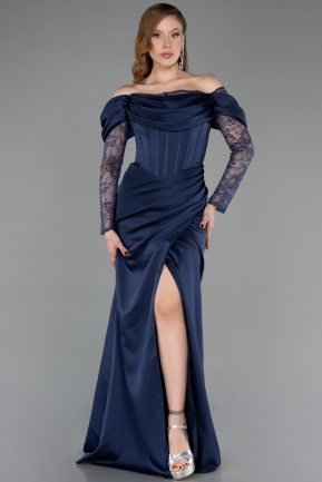 Robe de Soirée Longue Satin Bleu Marine ABU5829