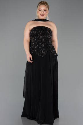 Robe de Soirée Grande Taille Longue Mousseline Noir ABU5855