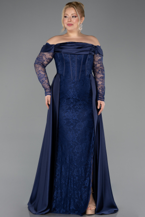 Robe de Soirée Grande Taille Longue Dantelle Bleu Marine ABU5724