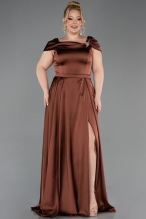 Robe De Soirée Grande Taille Longue Satin Marron Clair ABU5835