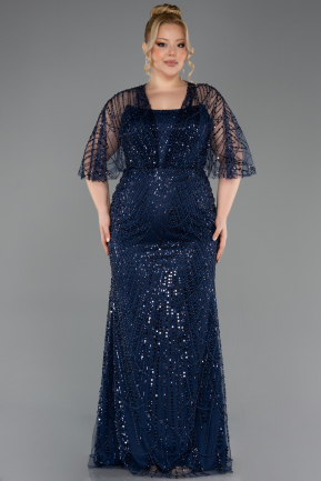 Robe De Soirée Grande Taille Longue Perlé Bleu Marine ABU5800
