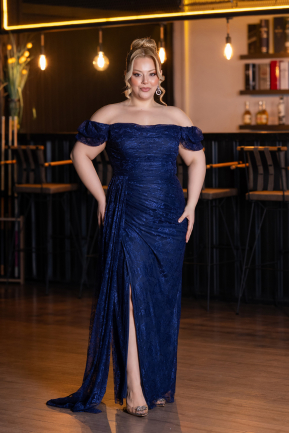Robe de Soirée Grande Taille Longue Dantelle Bleu Marine ABU5729