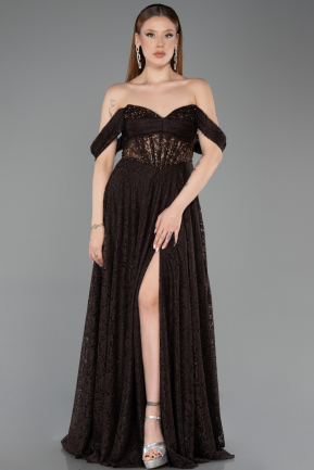 Robe de Soirée Longue Dantelle Brun foncé ABU5867