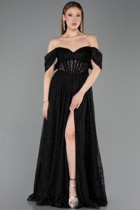 Robe de Soirée Longue Dantelle Noir ABU5867