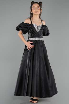 Robe de Soirée Enfants Longue Satin Noir ABU5901