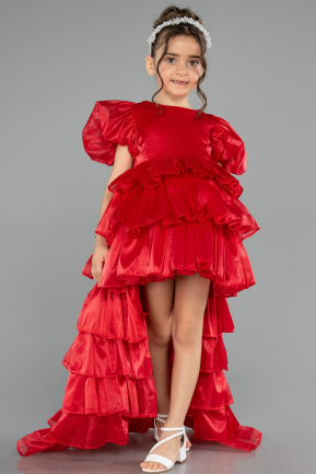 Robe de Soirée Enfants Devant Court Dos Long Satin Rouge ABO131
