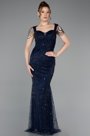 Robe de Soirée Longue Perlé Bleu Marine ABU5914