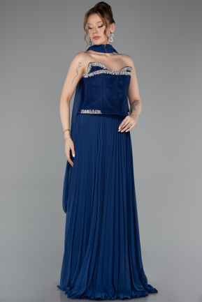 Robe de Soirée Longue Mousseline Bleu Marine ABU5917