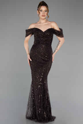 Robe De Soirée Perlé Longue Brun ABU5557