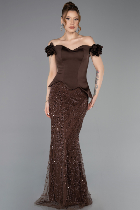 Robe De Soirée Perlé Longue Brun ABU5616