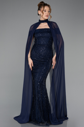 Robe de Soirée Longue Perlé Bleu Marine ABU5915