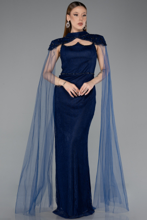 Robe de Soirée Longue Dantelle Bleu Marine ABU5941