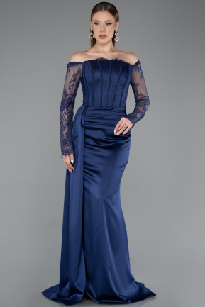 Robe Queue de Poisson Longue Satin Bleu Marine ABU5949