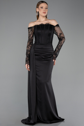 Robe Queue de Poisson Longue Satin Noir ABU5949