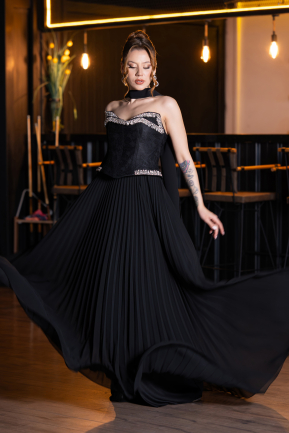 Robe de Soirée Longue Mousseline Noir ABU5917