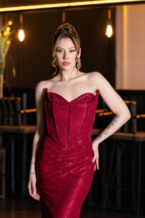 Robe De Soirée Dantelle Longue Rouge Bordeaux ABU6148