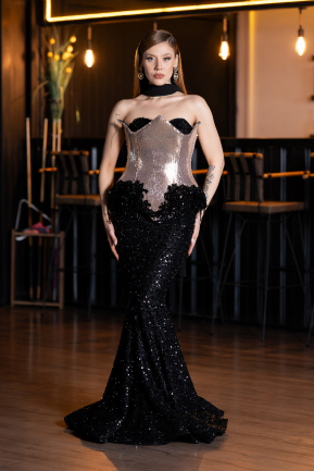Haute Couture Robe Longue Squameuse Noir ABU5950