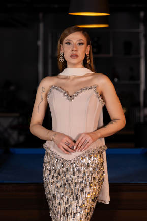 Haute Couture Robe Longue Squameuse Beige ABU5968