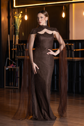 Robe de Soirée Longue Dantelle Brun ABU5941