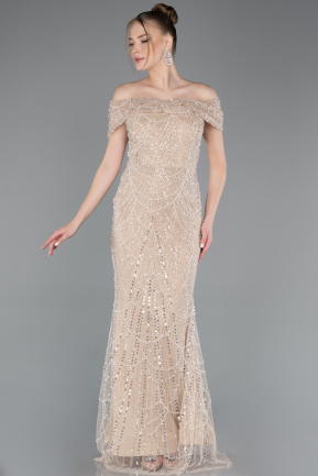 Robe De Soirée Perlé Longue Beige ABU5694