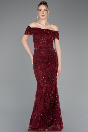 Robe De Soirée Perlé Longue Rouge Bordeaux ABU5694