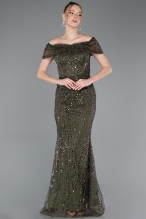 Robe De Soirée Perlé Longue Kaki ABU5694