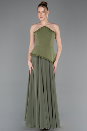 Robe De Soirée Mousseline Longue Kaki ABU5681