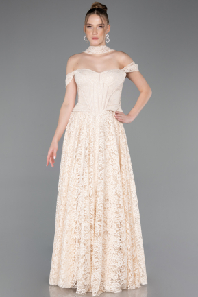 Robe de Soirée Longue Dantelle Beige ABU5942